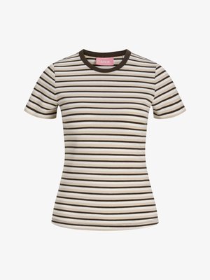 T-shirt ajusté à manches courtes avec des rayures horizontales beige, blanches et marron foncé et un col rond marron foncé.
