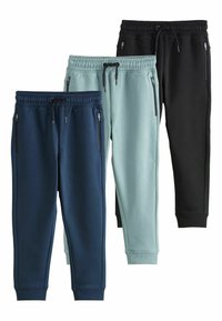 Drei Paar Sweatpants in Marineblau, hellblau und Schwarz. Hergestellt aus weichem Stoff, mit elastischen Taillenbündchen und seitlichen Reißverschluss-Taschen.