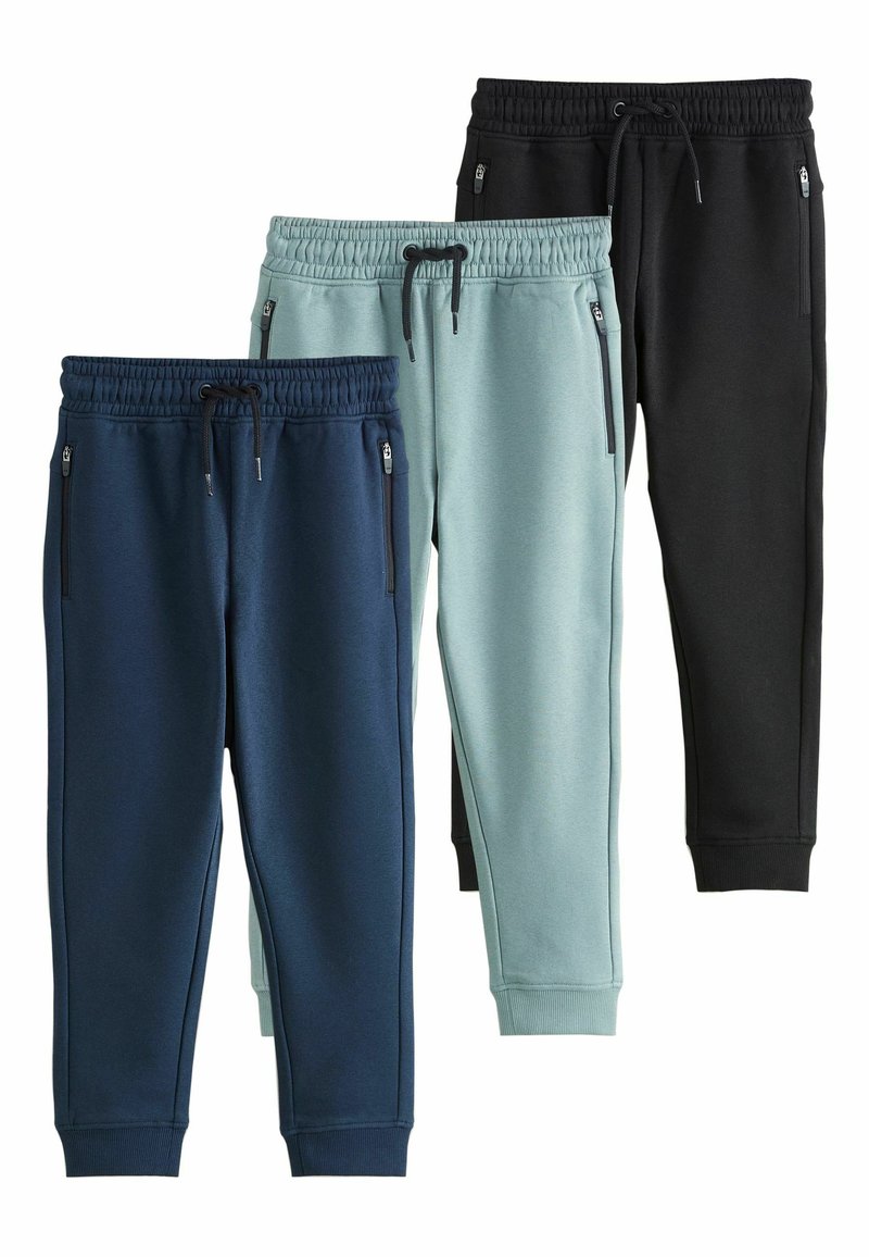 Drei Paar Sweatpants in Marineblau, hellblau und Schwarz. Hergestellt aus weichem Stoff, mit elastischen Taillenbündchen und seitlichen Reißverschluss-Taschen.