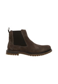 Bottines Chelsea en suede marron avec panneaux élastiques latéraux, finition texturée et semelle en caoutchouc épaisse. Dotées d'une languette pour un enfilage facile.