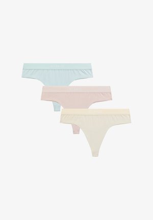 Trzy pary damskich stringów w jasnoniebieskim, jasnoróżowym i kremowym kolorze. Miękka tkanina z szerokimi elastycznymi pasami w talii z logo "ATLANTIC".
