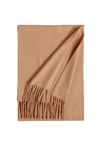 Bufanda suave de color marrón claro con bordes flecados, hecha de una tela suave. Forma rectangular, doblada por un lado para su exhibición.