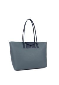 Borsa tote in pelle grigia con due manici lunghi, finitura liscia, un accento blu scuro contrastante nella parte superiore e un sottile dettaglio del logo.