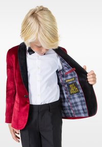 Blazer de terciopelo rojo con solapas negras, cierre de botón y textura similar a la satén. Pantalones negros. El forro interior presenta un patrón de cuadros y una etiqueta humorística.