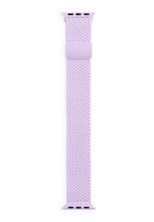 Correa de reloj trenzada elástica de color lavanda con conectores de plástico y bucle ajustable, diseñada para un reloj inteligente.