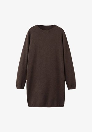 Vestido de suéter marrón con mangas largas, escote redondo y corte holgado. Confeccionado en un tejido de punto texturizado para mayor comodidad.