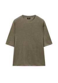 Oliivinvihreä, lyhythihainen paita, joka on valmistettu teksturoidusta kankaasta. Siinä on pyöreä pääntie ja rento istuvuus. Ei näkyviä kuvioita tai korostuksia.