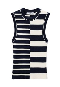 Top smanicato a coste in navy e bianco, con strisce orizzontali alternate larghe e strette, collo rotondo e design aderente.