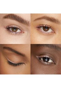 Four close-up views of eyes showing varying eyelash lengths, eye shapes, and subtle makeup. Colors range from brown to dark skin tones.