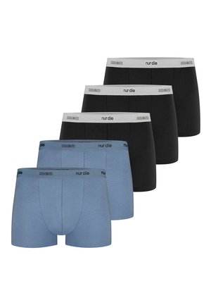 Fünf Herren-Boxershorts in zwei Farben, drei schwarze mit grauen Bund und zwei blaue mit schwarzem Bund, in zwei Reihen angeordnet.