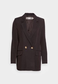 Tmavě hnědý dvouřadý blazer vyrobený z texturované tkaniny, se dvěma předními kapsami a knoflíky ve zlatém odstínu, s klasickým límcem.