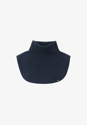 Navy blue fleece neck warmer with a high collar and rounded edges; features a small brand label stitched on the side.