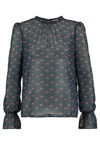 Blouse fleurie verte à manches longues, tissu transparent, encolure ronde et poignets froncés. Présente un motif répétitif de petites fleurs roses.