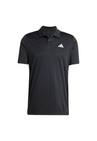 Crna polo majica od glatkog materijala, s klasičnom kragnom i kratkim rukavima. Bijeli Adidas logo nalazi se na lijevoj strani prsnog područja.