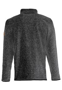 Dunkelgrauer Pullover mit hohem Kragen, aus strukturiertem Stoff gefertigt. Besitzt lange Ärmel, kontrastierende schwarze Abschlüsse und ein Logo-Patch am Arm.