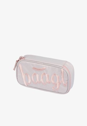 Federmäppchen aus hellgrauem Stoff mit pink gesticktem "baagl"-Logo. Rechteckige Form mit einem Reißverschluss, ausgestattet mit strukturierten Details.