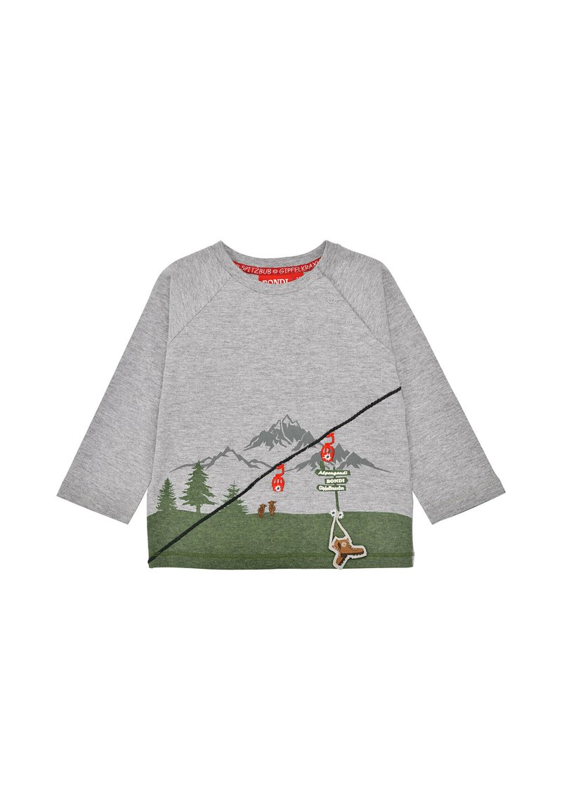 Graues Langarmshirt mit Berg- und Walddesigns, ausgestattet mit grünen Akzenten, Druckknöpfen an der Schulter und verspielten dekorativen Elementen.