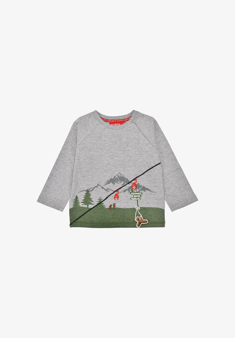 Graues Langarmshirt mit Berg- und Walddesigns, ausgestattet mit grünen Akzenten, Druckknöpfen an der Schulter und verspielten dekorativen Elementen.