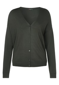 Tmavě zelený cardigan vyrobený z lehkého materiálu, s výstřihem do V, dlouhými rukávy a zapínáním na knoflíky v přední části. Jednoduchý design, bez vzorů.