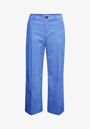 Blaue Cordhosen mit geradem Bein, versehen mit dezenten vertikalen Linien und einem einzigen Knopfverschluss an der Taille.