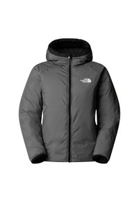 Γκρι μονωμένο μπουφάν με κουκούλα, φερμουάρ εμπρός και ελαστικές μανσέτες. Διαθέτει μικρό λευκό λογότυπο στο αριστερό στήθος. Ομαλή υφή εξωτερικά.