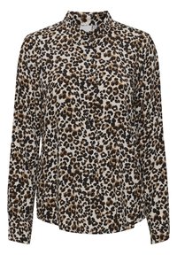 Blusa con stampa leopardata, colletto classico, maniche lunghe, chiusura con bottoni e uno sfondo di crema chiaro con macchie nere e marroni.