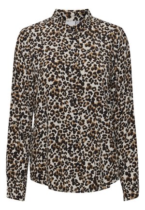 Leopardmuster-Bluse mit klassischem Kragen, langen Ärmeln, durchgehender Knopfleiste und einem hellcremefarbenen Hintergrund mit schwarzen und braunen Flecken.