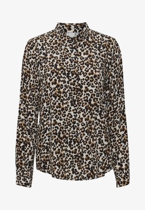 Leopardmuster-Bluse mit klassischem Kragen, langen Ärmeln, durchgehender Knopfleiste und einem hellcremefarbenen Hintergrund mit schwarzen und braunen Flecken.