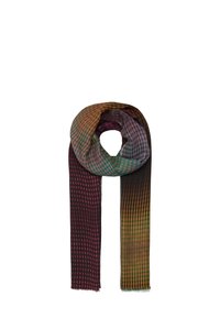 Écharpe multicolore avec un design dégradé et des motifs à carreaux dans des tons de vert, rose et marron foncé. Tissu doux avec des bords à franges.