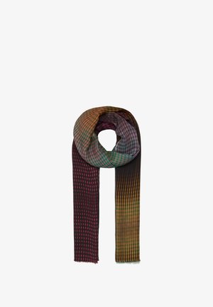 Écharpe multicolore avec un design dégradé et des motifs à carreaux dans des tons de vert, rose et marron foncé. Tissu doux avec des bords à franges.