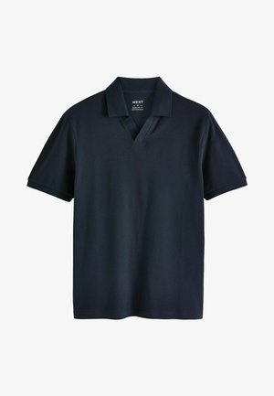 Temno modra polo majica s kratkimi rokavi, z ovratnikom v obliki črke V in mehkimi teksturami, z redno prileganjem. Oznaka: NEXT.
