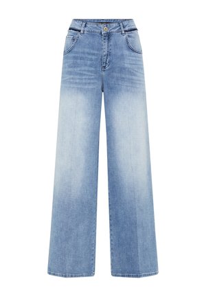 Light blue high-waist wide-leg jeans with front button and pockets, featuring subtle faded detailing on thighs and legs.