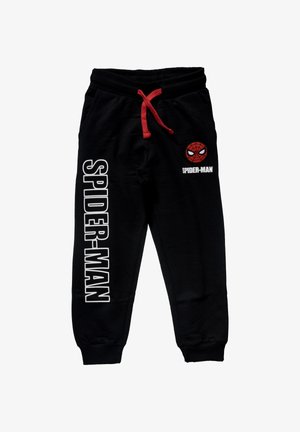 Zwarte sweatpants voor kinderen met een rode trekkoord, "SPIDER-MAN" tekst op het linkerpootje, en een Spider-Man gezichtsembleem met tekst op het rechterdijbeen.
