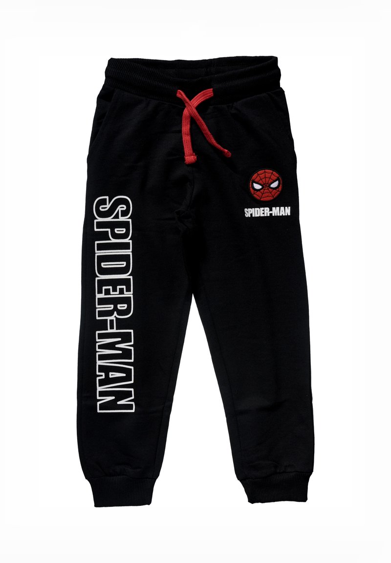 Black children's sweatpants with red drawstring, "SPIDER-MAN" text on left leg, and Spider-Man face emblem with text on right thigh.