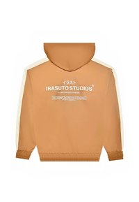 Hooded jack in bruine stof met witte zijstrepen. Voorzien van logotekst op de achterkant en elastische manchetten, een gladde textuur en een minimalistisch ontwerp.