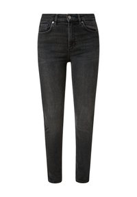 Jeans de mezclilla negra con corte Slim, diseño de cinco bolsillos y un ligero desgaste. Cuenta con un cierre de botón y presillas para cinturón en la cintura.