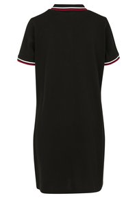 Black polo dress featuring short sleeves with red and white striped accents on the collar and sleeves, made from a smooth fabric.