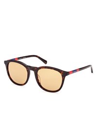 Gafas de sol carey con lentes dorados. Presentan un armazón grueso y redondeado, y acentos en azul y rojo en las varillas para mayor detalle.