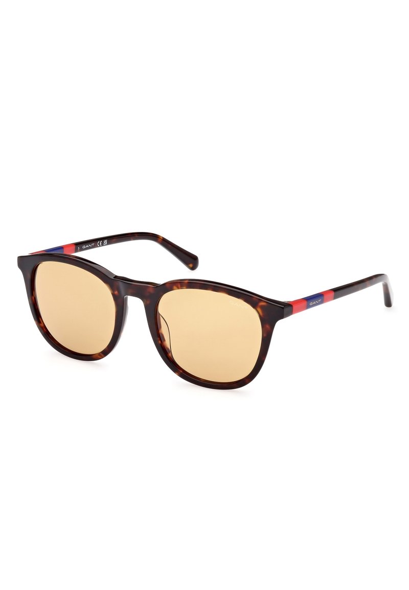Gafas de sol carey con lentes dorados. Presentan un armazón grueso y redondeado, y acentos en azul y rojo en las varillas para mayor detalle.