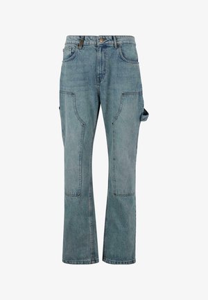 Lichtblauwe denim cargobroek met een rechte pijpdesign, met meerdere zakken en een knoopsluiting bij de taille.