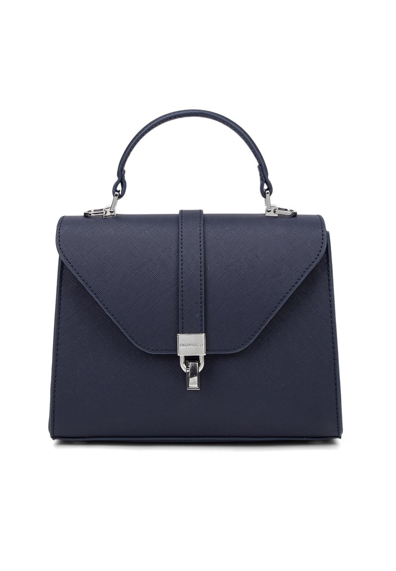 Borsa strutturata blu navy con texture liscia, manico superiore, chiusura magnetica e dettagli in metallo argentato. Senza motivi visibili.