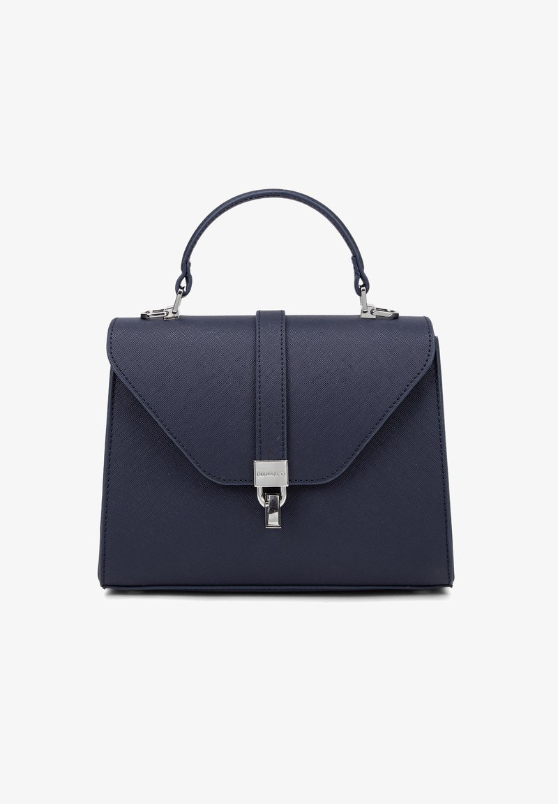 Marineblauwe gestructureerde handtas met een gladde textuur, bovenhandvat, magneetsluiting en zilverkleurige hardwareaccenten. Geen zichtbare patronen.