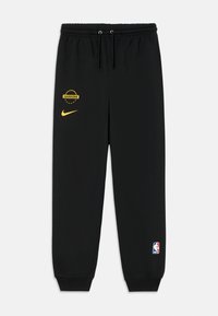 Černé fleecové tepláky s zlatým logem "Warriors" a swooshem Nike. Mají elastický pas a manžety na nohavicích. Na spodní části nohavice je logo NBA.