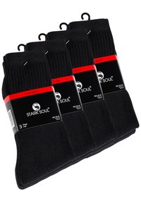 Chaussettes noires de crew, paquet de trois, texture côtelée, mélange de coton, avec étiquettes de taille et de marque en rouge et blanc sur fond noir.