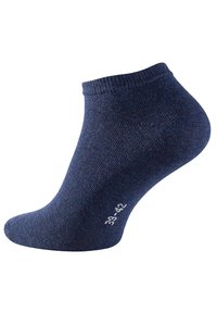 Calza alla caviglia di colore blu navy realizzata in tessuto morbido con un risvolto a coste, caratterizzata da una superficie liscia e un'etichetta di taglia 39-42 in bianco sul lato.