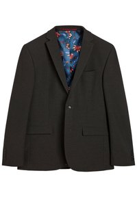 Blazer gris oscuro con solapas con muesca, cierre de un solo botón, bolsillos frontales y forro azul con estampado floral. Diseño de ajuste entallado.