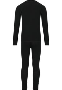 Haut thermique noir à manches longues et leggings. Fabriqué en tissu doux avec un ajustement confortable, présentant des poignets côtelés et un design classique à col rond.