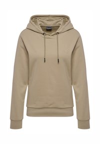 Beżowa bluza z kapturem, ze sznurkiem do regulacji, z prążkowanymi mankietami i dołem, z subtelnym logo w kształcie chevronu wytłoczonym na froncie. Miękka tekstura materiału.