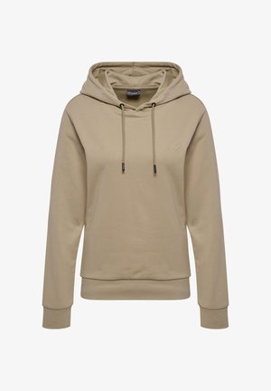 Sweatshirt beige à capuche avec cordons de serrage, poignets et ourlet côtelés, présentant un logo chevron subtil embossé sur le devant. Texture de tissu douce.