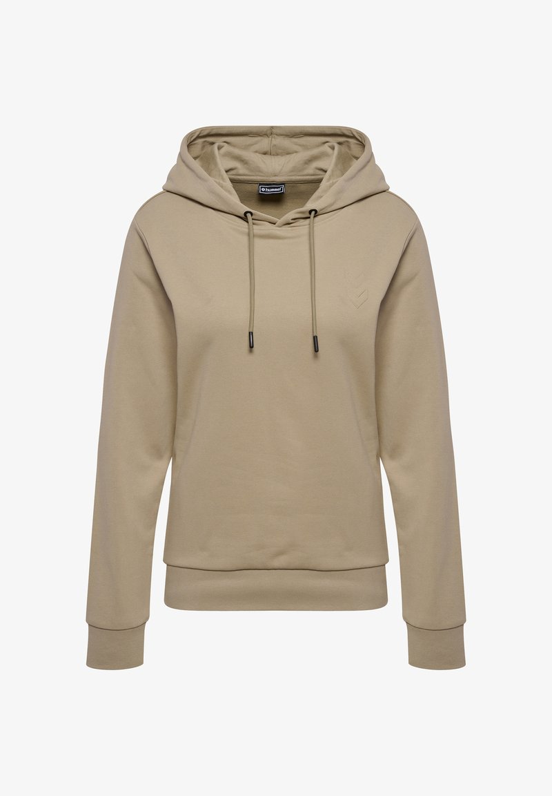 Beżowa bluza z kapturem, ze sznurkiem do regulacji, z prążkowanymi mankietami i dołem, z subtelnym logo w kształcie chevronu wytłoczonym na froncie. Miękka tekstura materiału.
